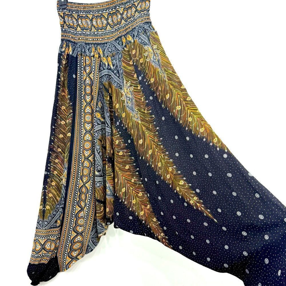 Banjamath Navy Blue Orange Ethnic Global Feather Print Romper Harem Pant